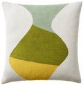 Decorative pillow with abstract design in green and yellow on a white background